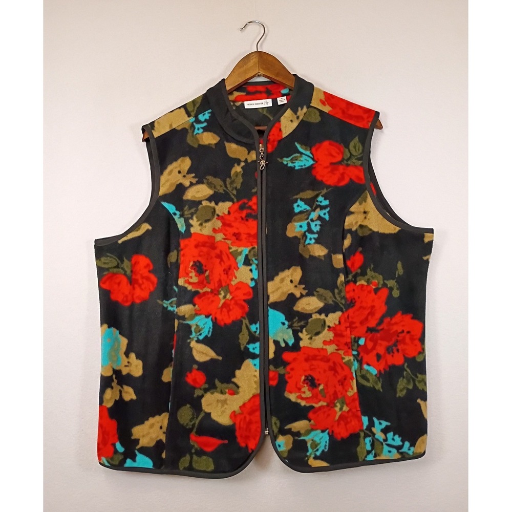Grannycore Susan Graver Womens 1X Black Red Floral Rose Fleece Zip Vest